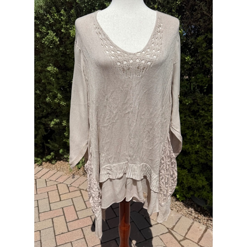Made in Italy Lagenlook Knit Crochet Openwork Tunic Top Linen Viscose Tan OS